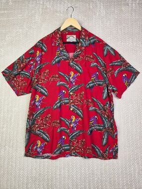 Paradise Found Hawaiian Shirt Mens Large Short Sleeve Red Parrot Magnum PI